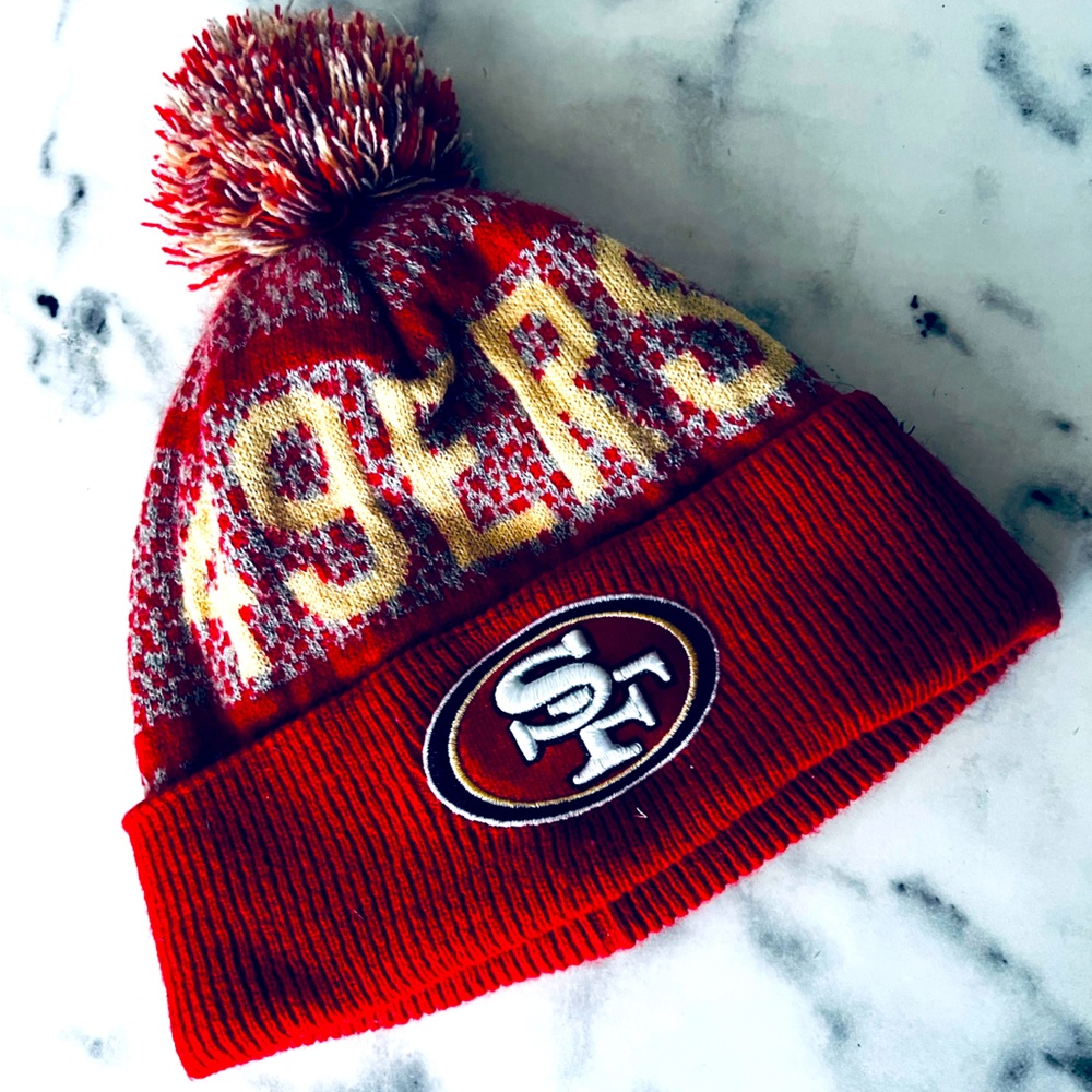 49ers hat red beanie pom